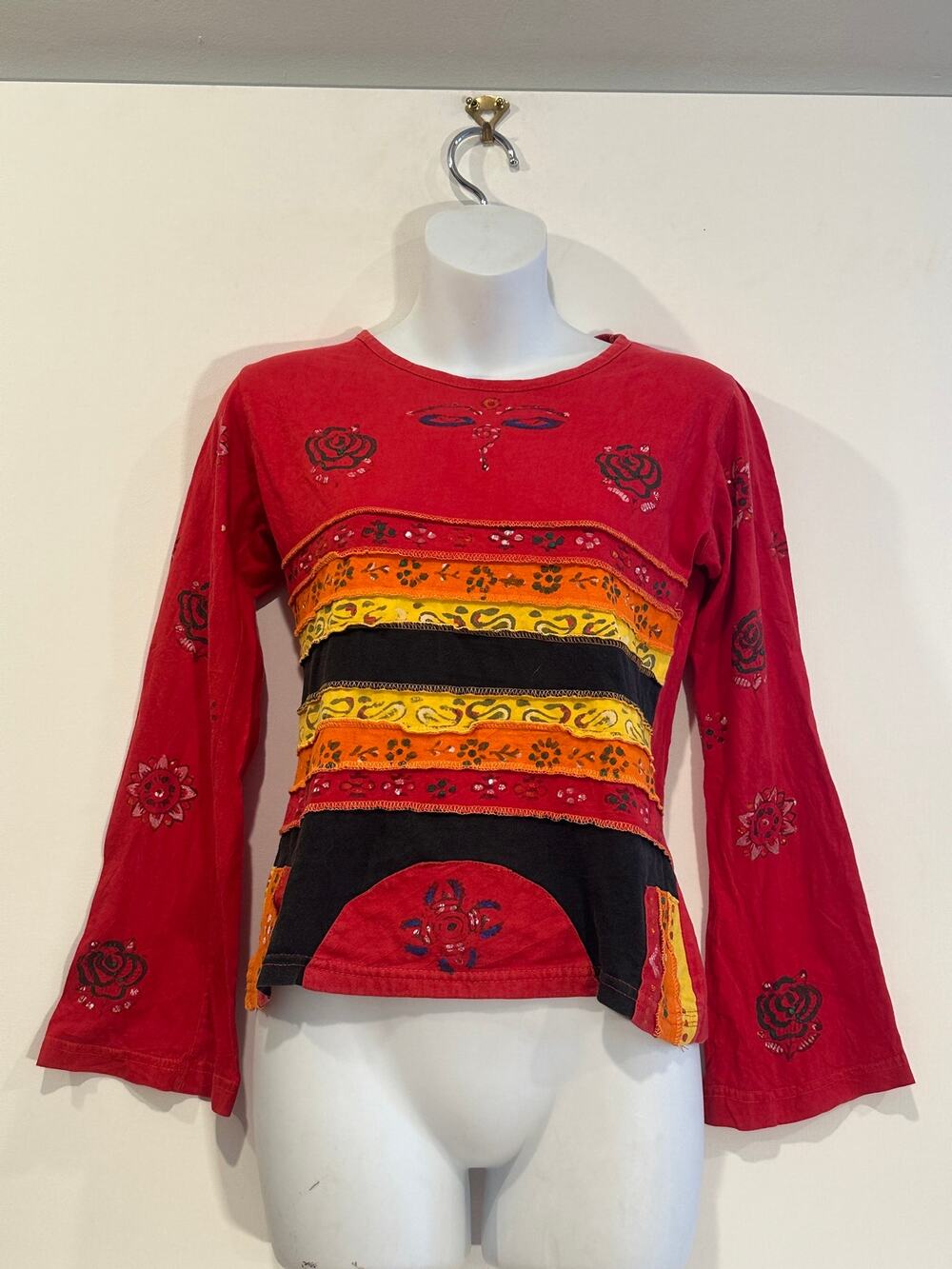 Vintage El Gringo Nepal Buddha Eye Patchwork Bell Sleeve Hippie Top S / M